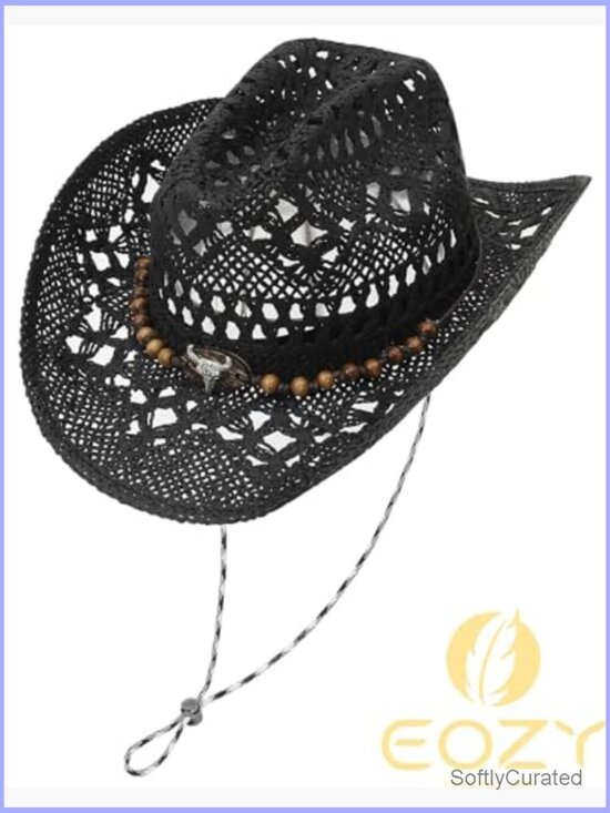 Straw Cowgirl Hat with Chin Strap Wide Brim Hollow Out Packable Sun Hat main image 5
